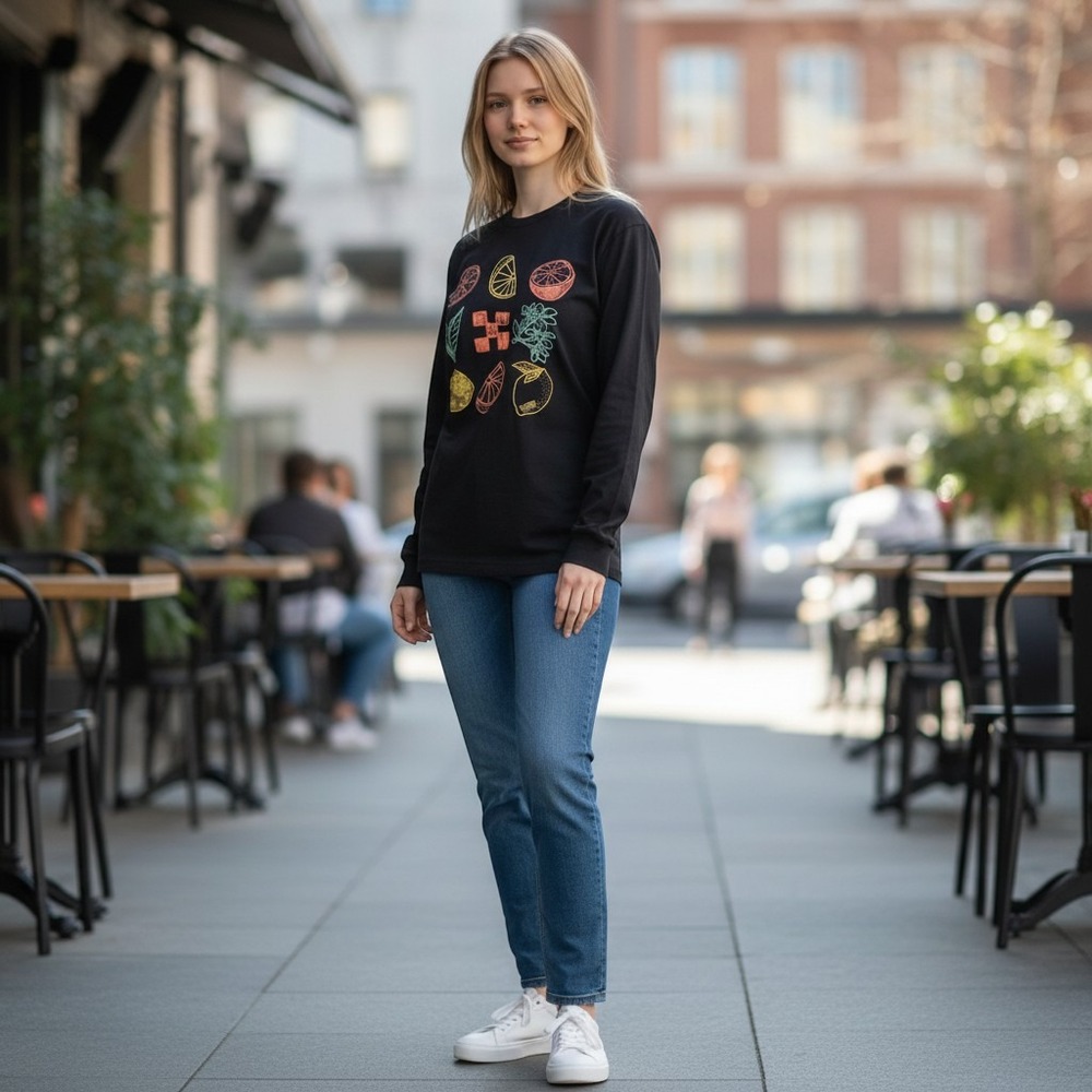 Vans Long Sleeve Graphic Tee Black Citrus Fruit Print Crew Neck Skater Shirt